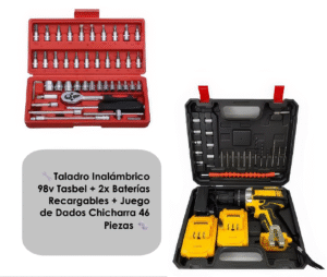 Pack - Taladro Inalámbrico 98v Tasbel + 2x Baterías Recargables + Juego de Dados 46 Piezas