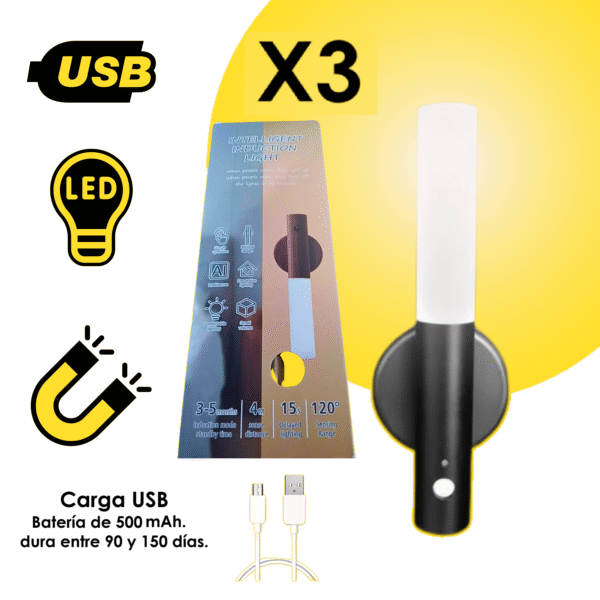 Pack x3 Lámparas LED con Sensor de Movimiento – Recargable USB